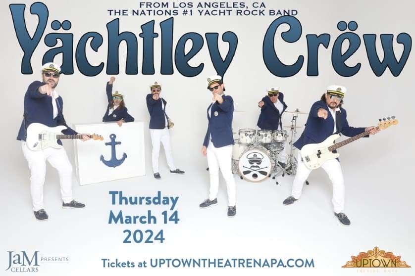 Relive the soft rock era with Yachtley Crew at the Napa Valley's Uptown Theater on March 14th! Sing along to classics like "Sailing" and "Africa" in a night of nostalgia and good vibes. Discover things to do in Napa and fill your calendar with unforgettable events. Check out our calendar for more!